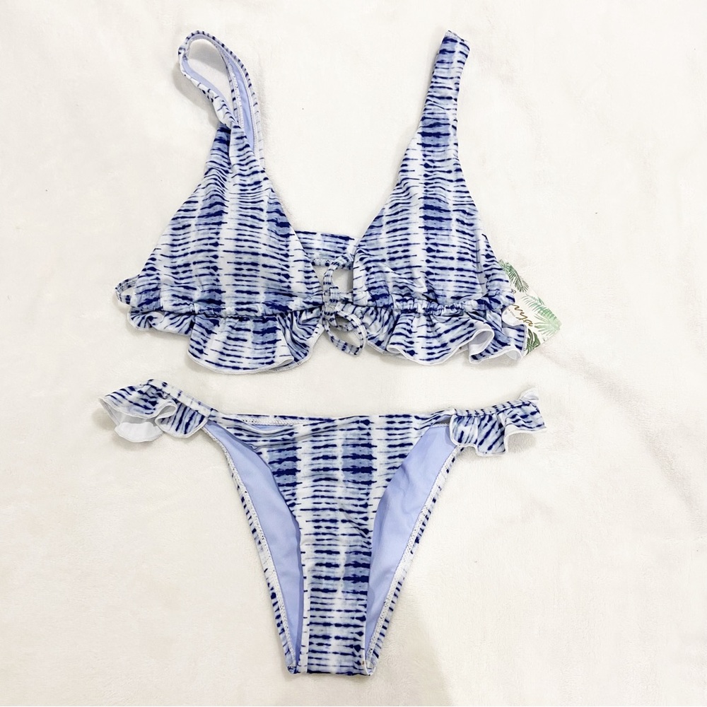 Red Dress Blue White Ruffle Tie Dye Stripe Bikini Top Bottom S NEW